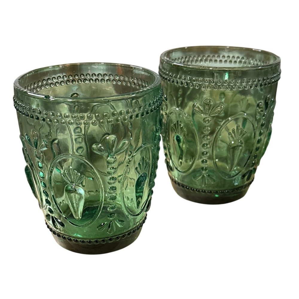 TIARA Indiana Glass Vintage Sandwich Spruce Green Pressed Glass Cups Set 2 4in
